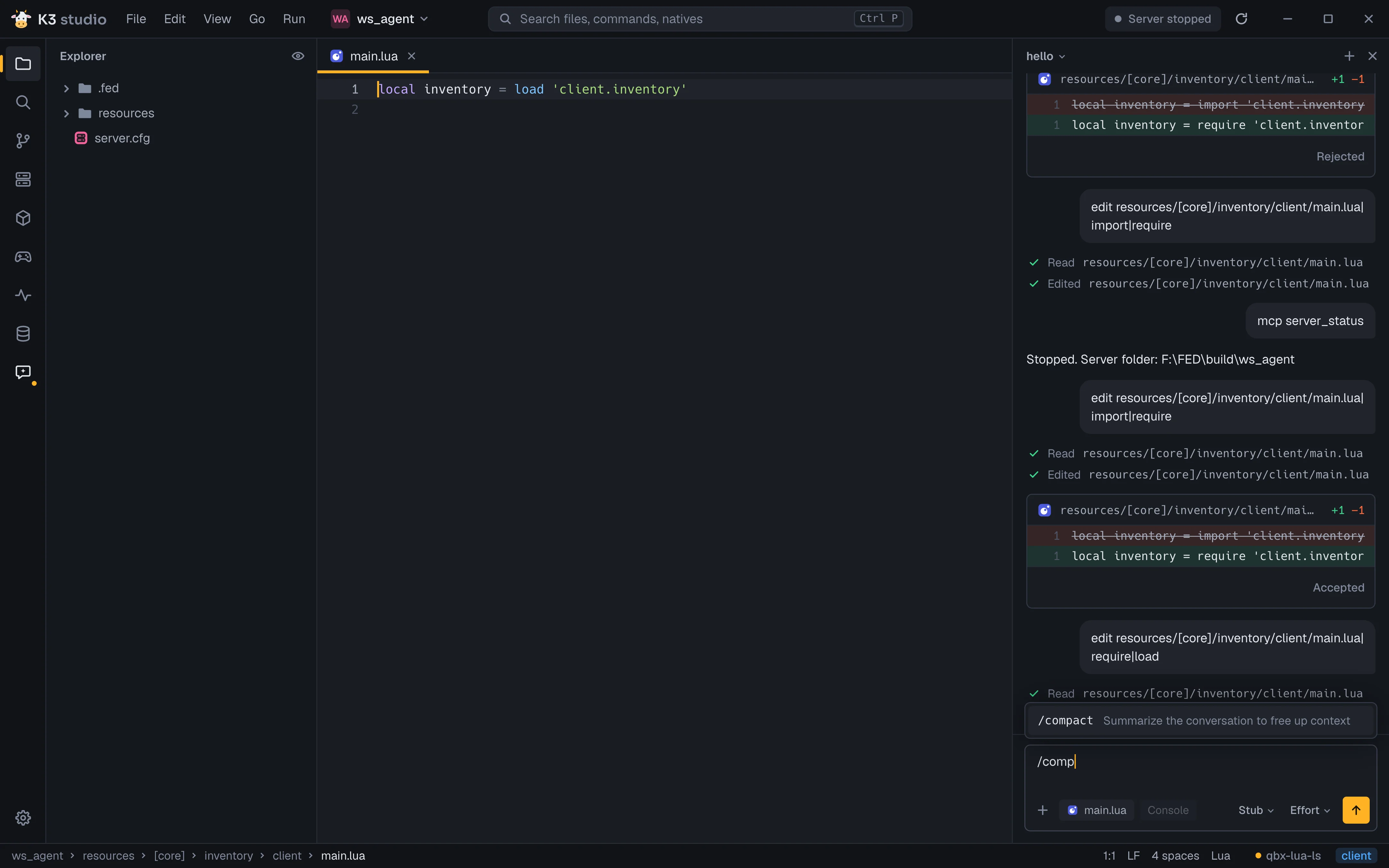 The agent composer suggesting /compact after typing /comp