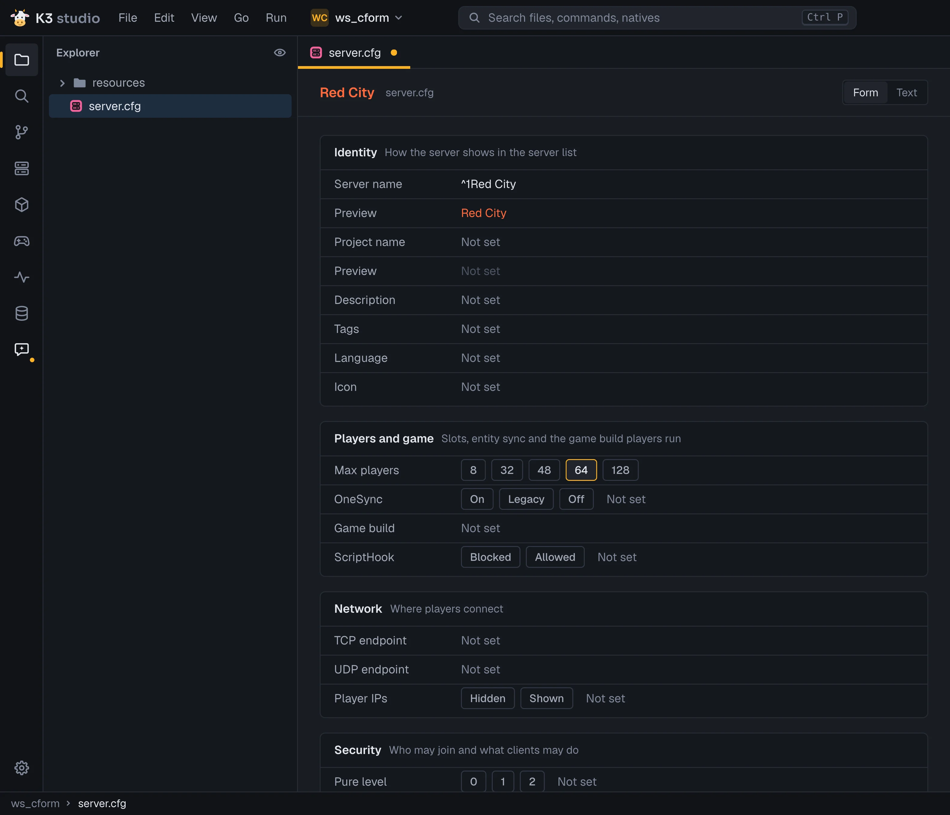 server.cfg as a form: Identity, Players and game, Network, Security