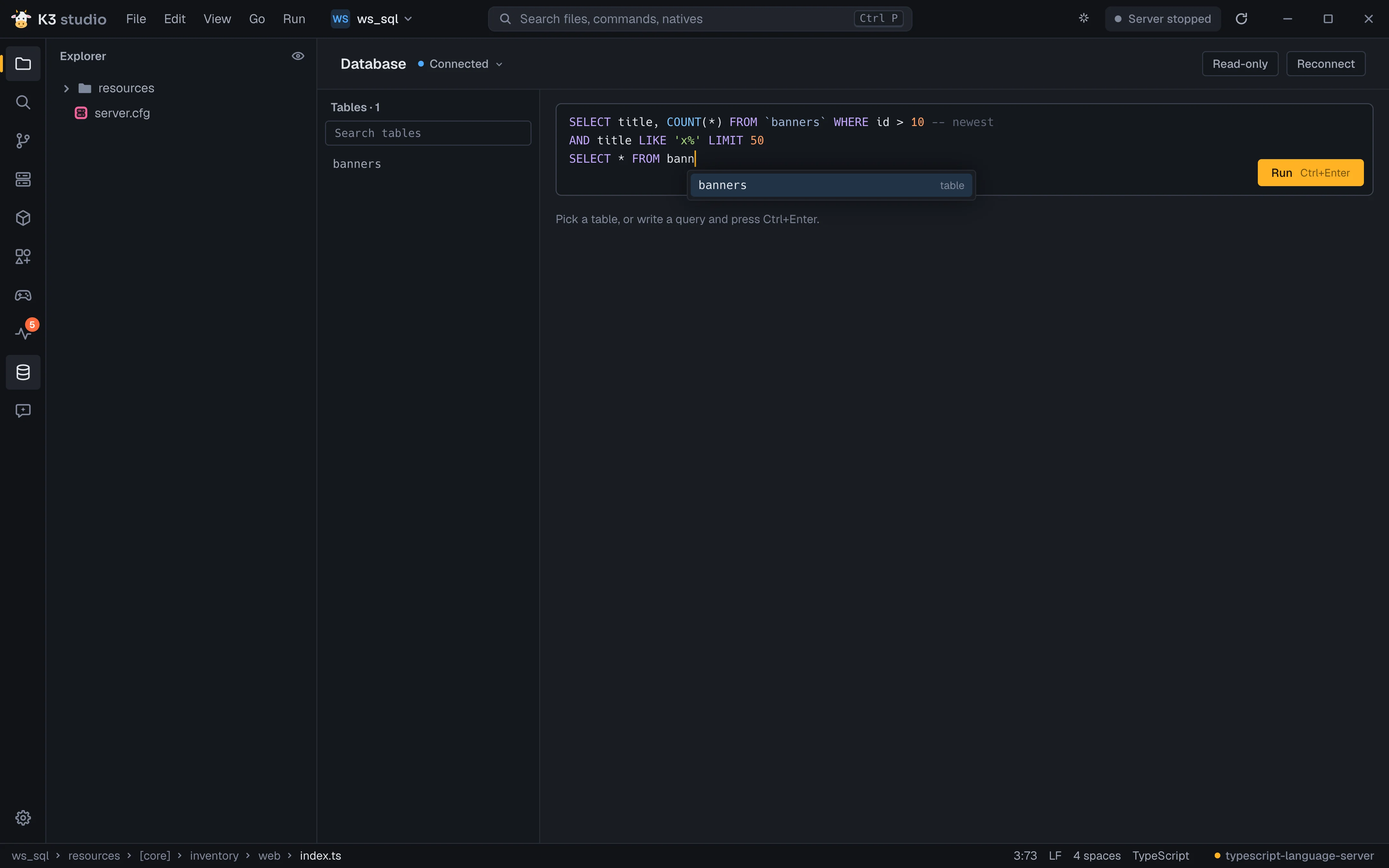 SQL box with colors and completion