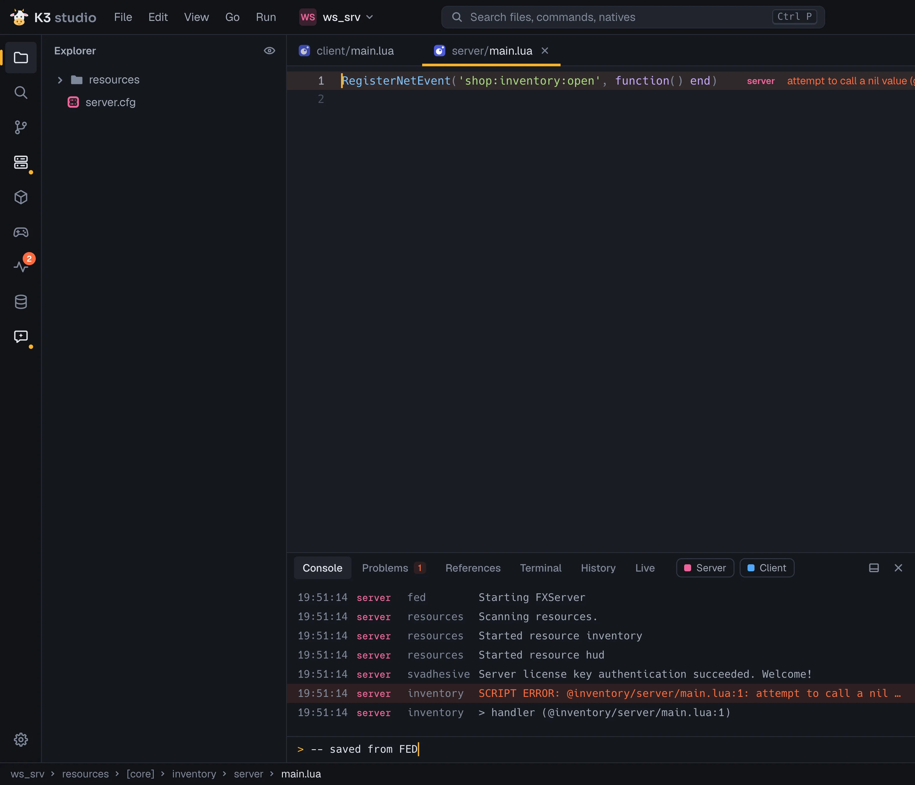 A server-side SCRIPT ERROR shown on line 1 of server/main.lua in K3 Studio
