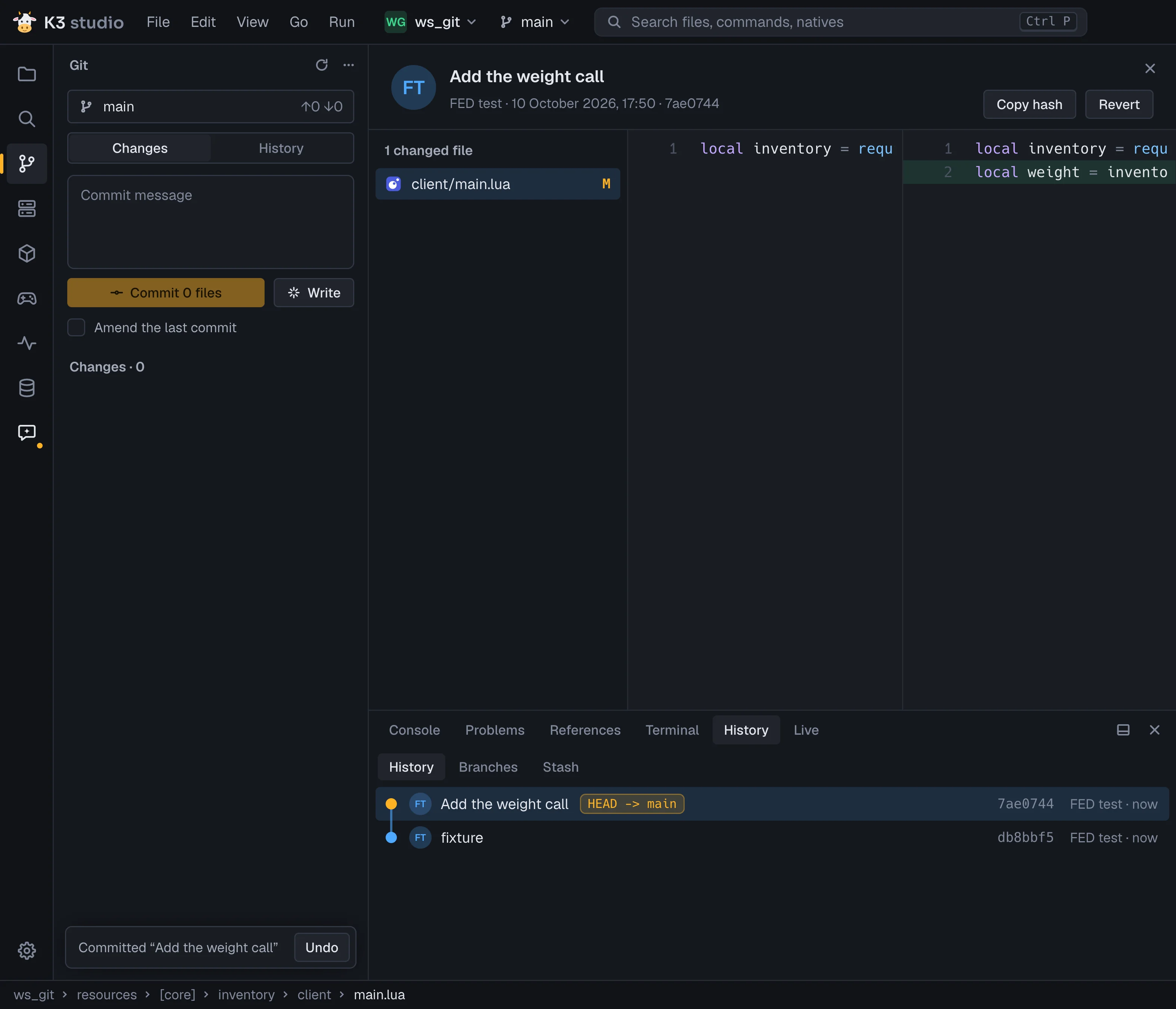 A commit opened from the history: its file and side-by-side diff, Copy hash and Revert