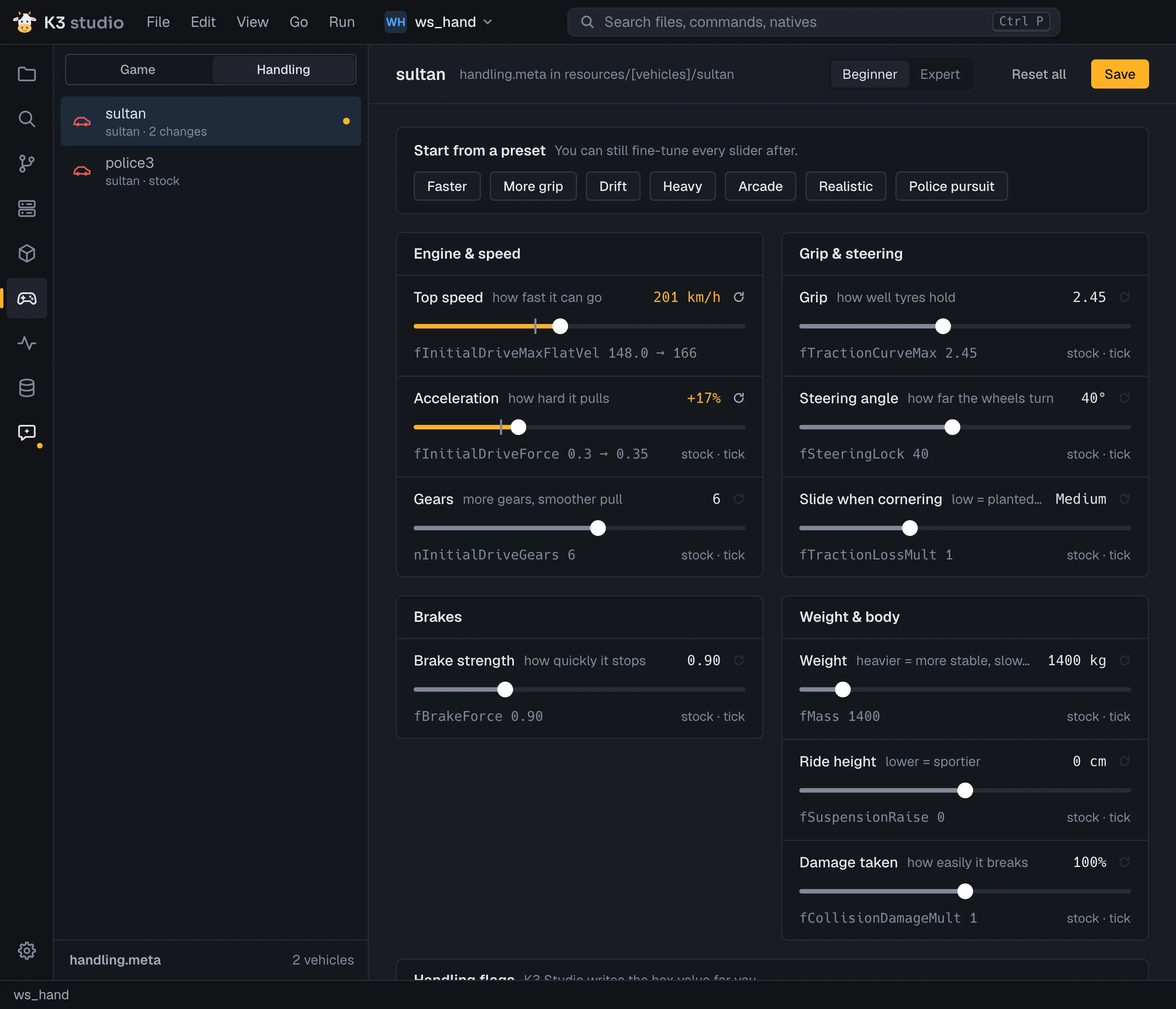 Handling editor for the sultan: presets, then sliders for speed, grip, brakes and weight