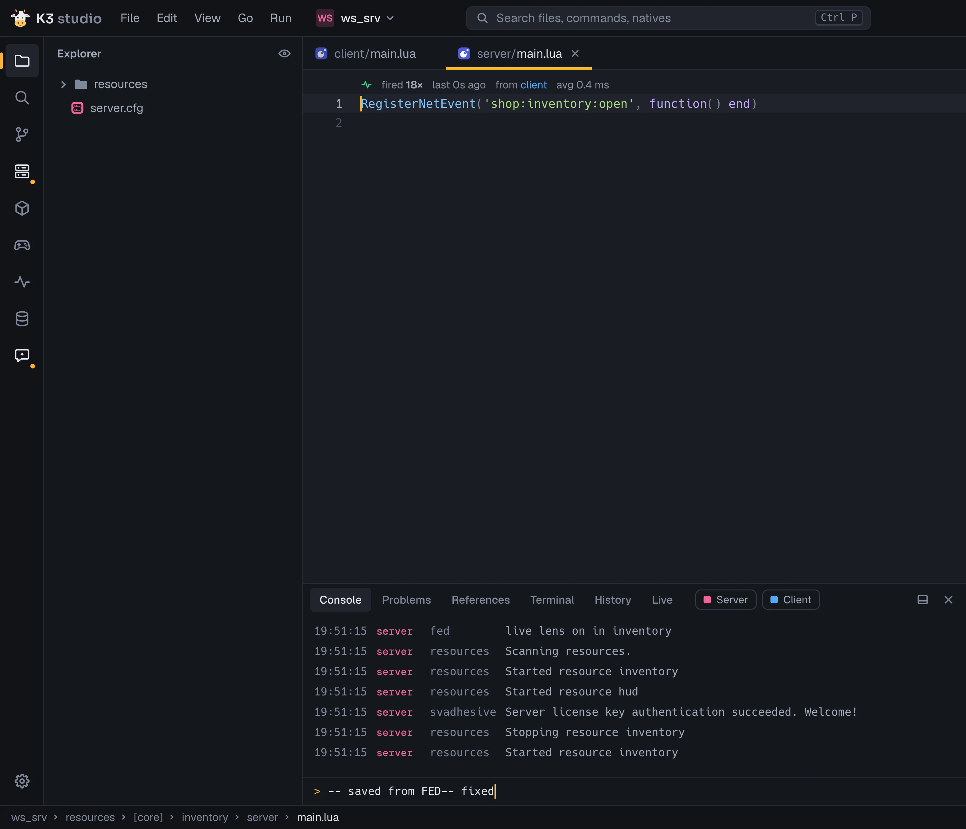 Live lens above a RegisterNetEvent handler: fired 18 times, last 0s ago, from client, avg 0.4 ms