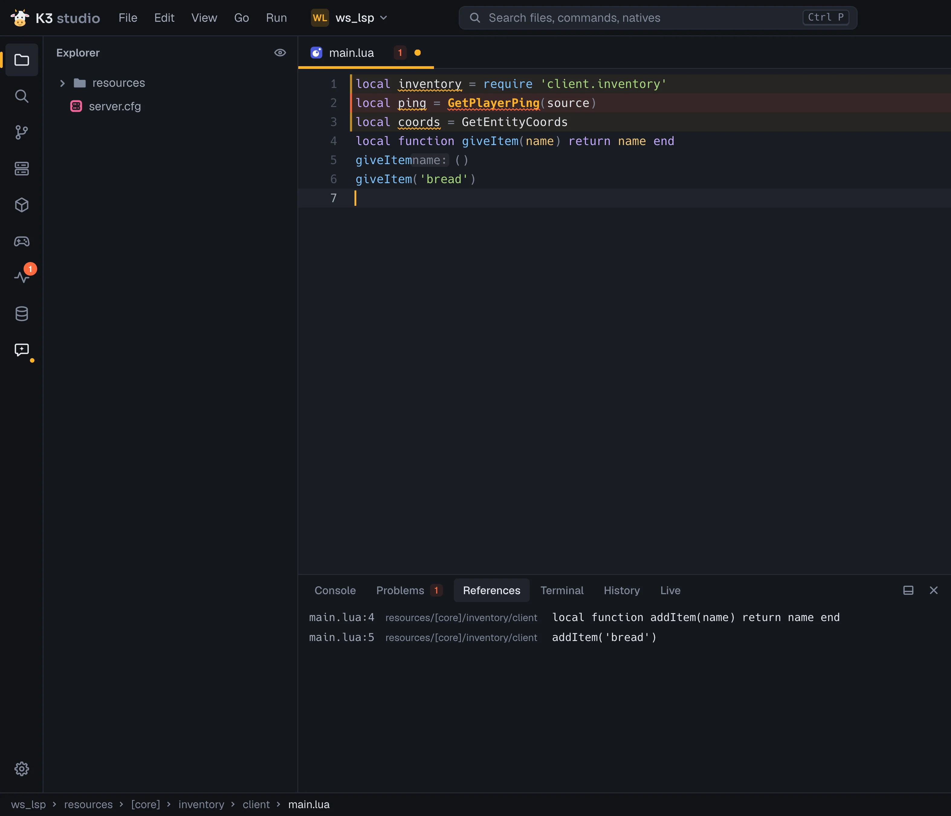 A client file in K3 Studio: GetPlayerPing flagged, an inlay hint and the References tab