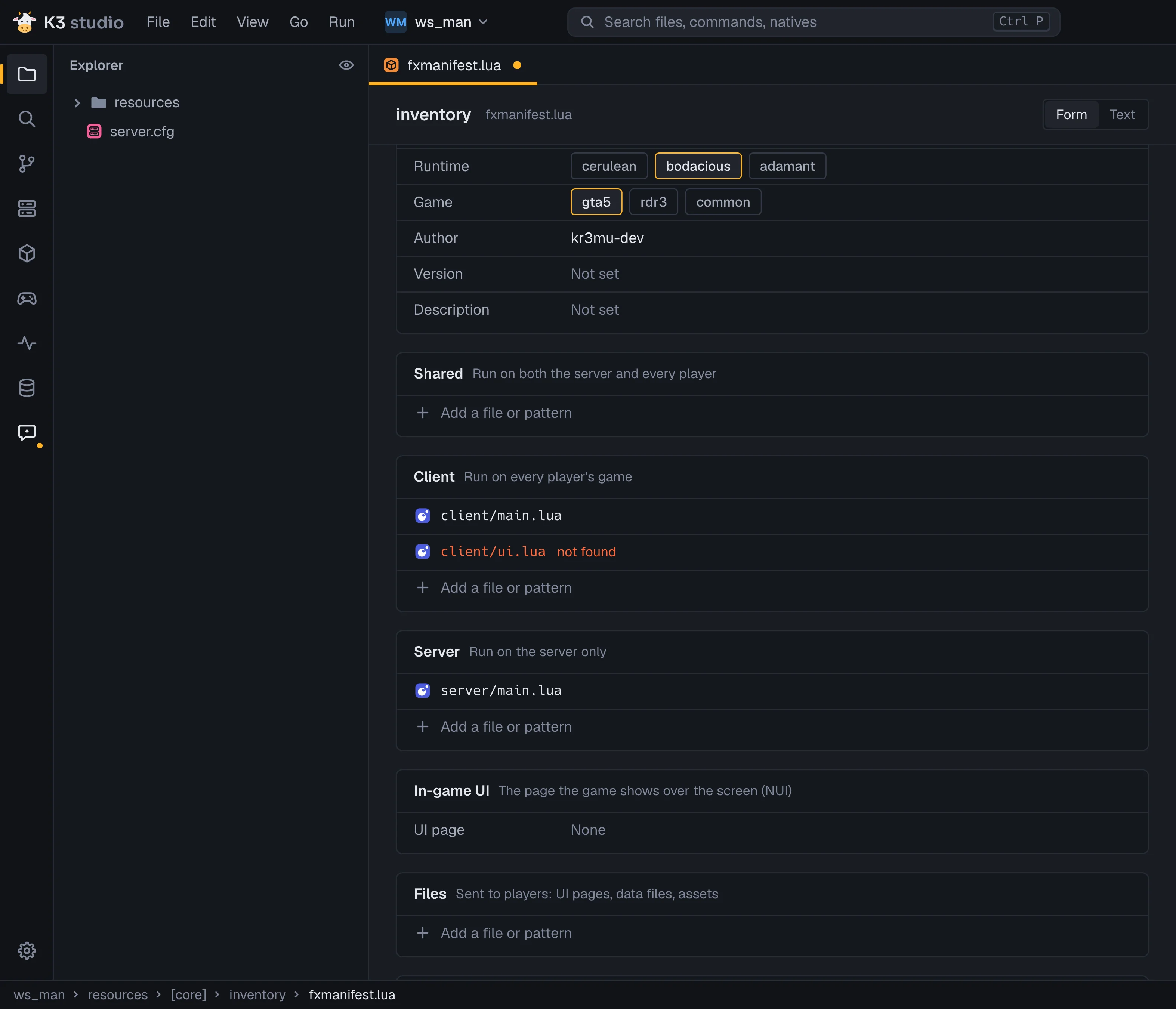 fxmanifest.lua as a form: Shared, Client and Server scripts, client/ui.lua not found