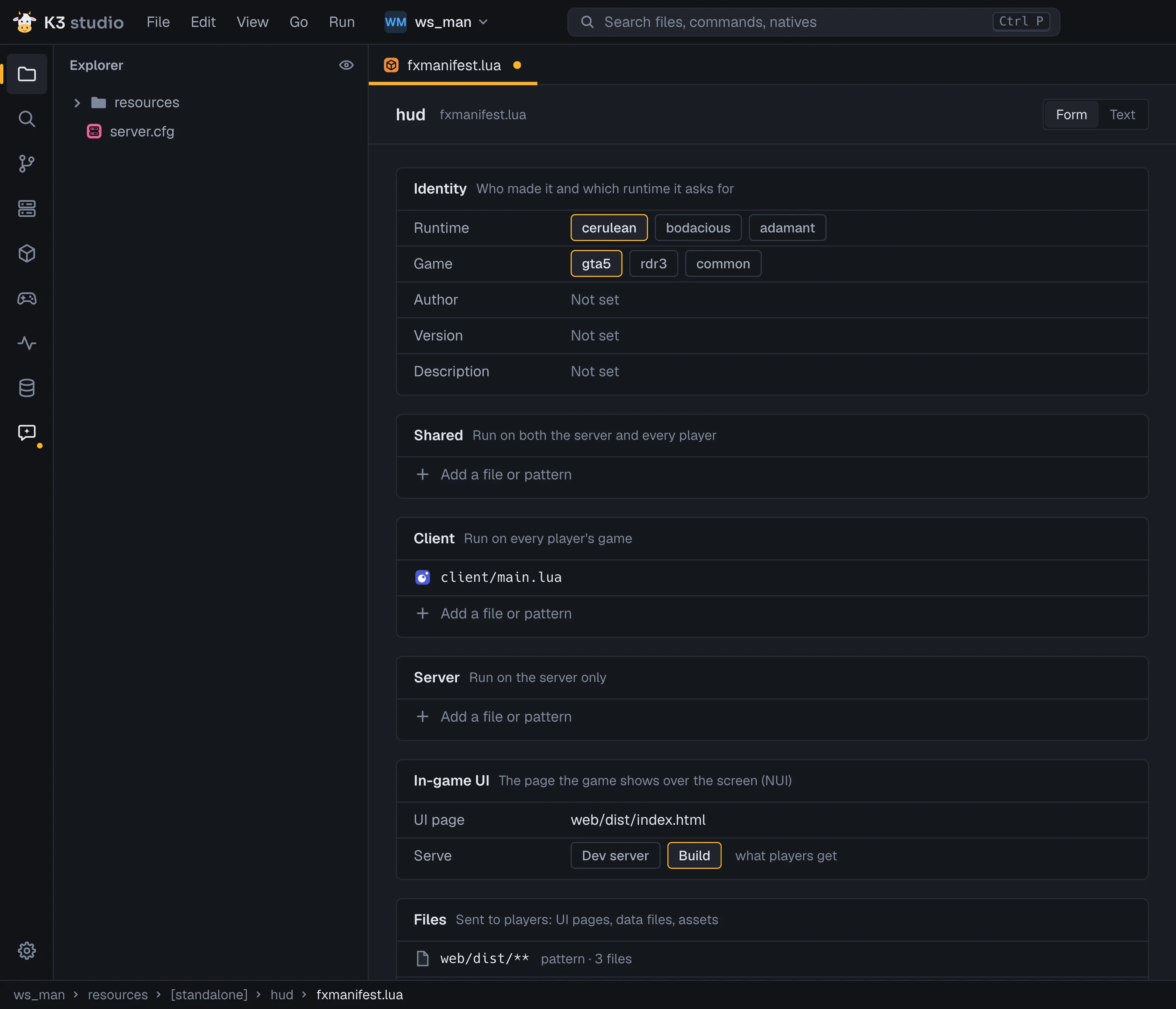 The In-game UI card of the manifest form: ui_page served from the build, files web/dist/**
