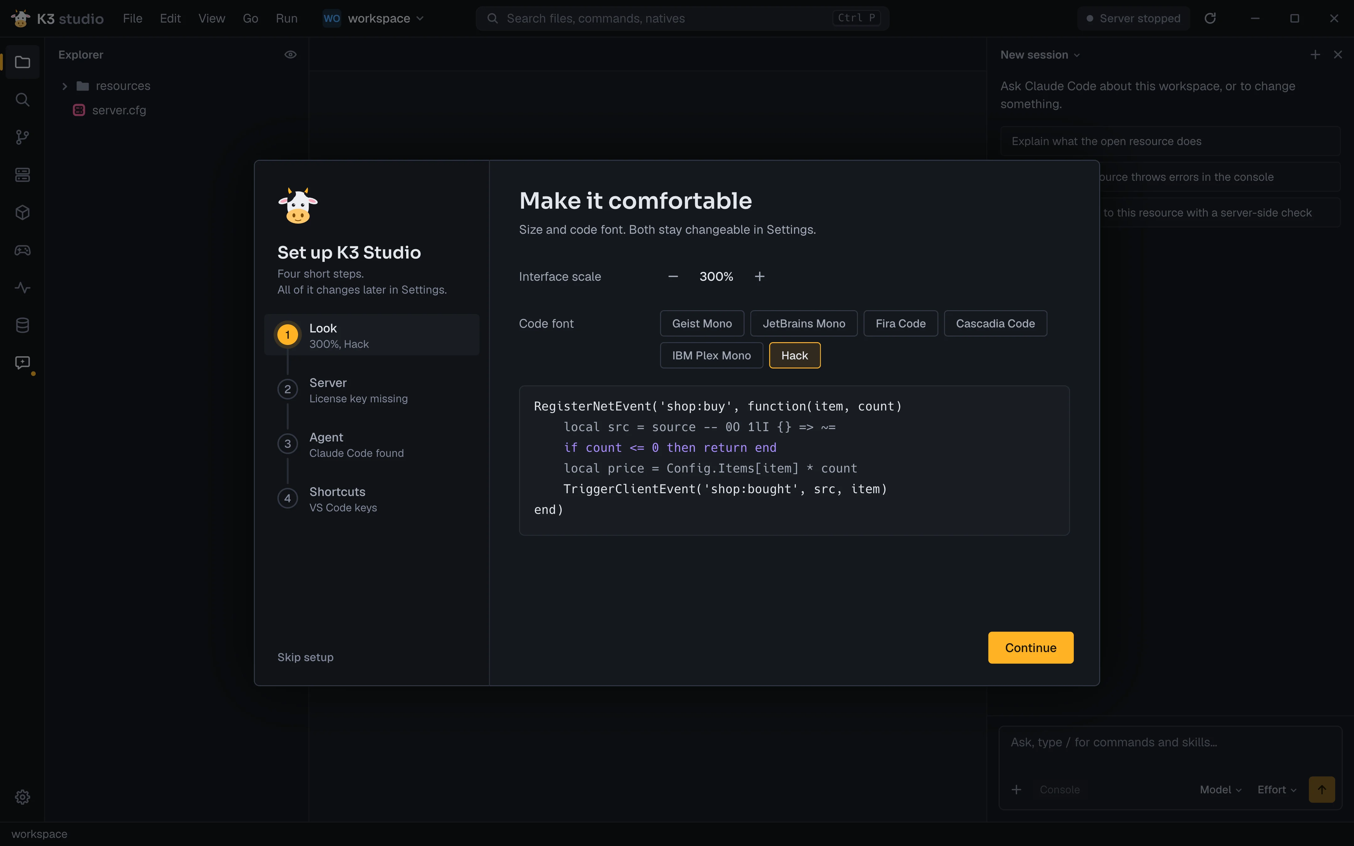 Setup, step Look: interface scale 200% and the Hack code font with a Lua preview