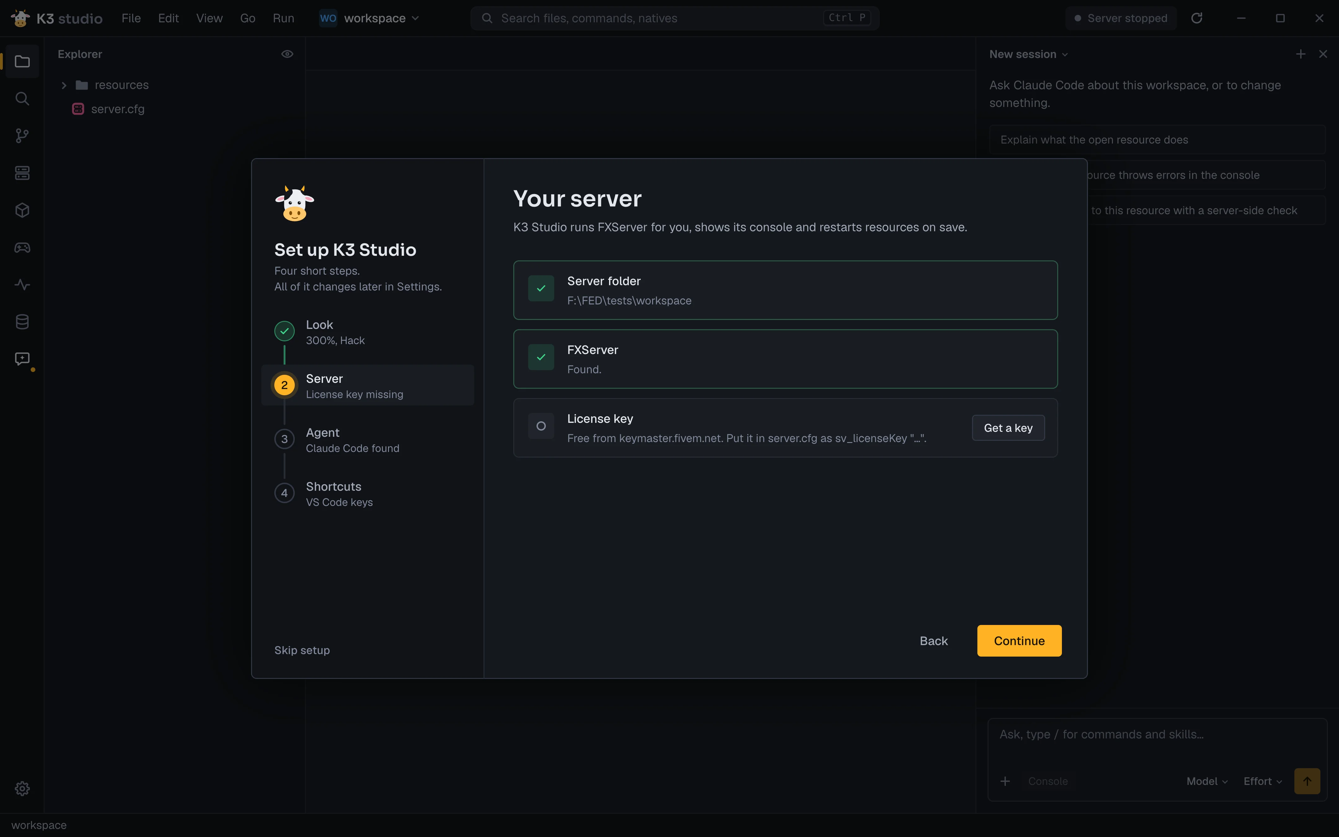 Setup, step Server: server folder and FXServer found, license key missing
