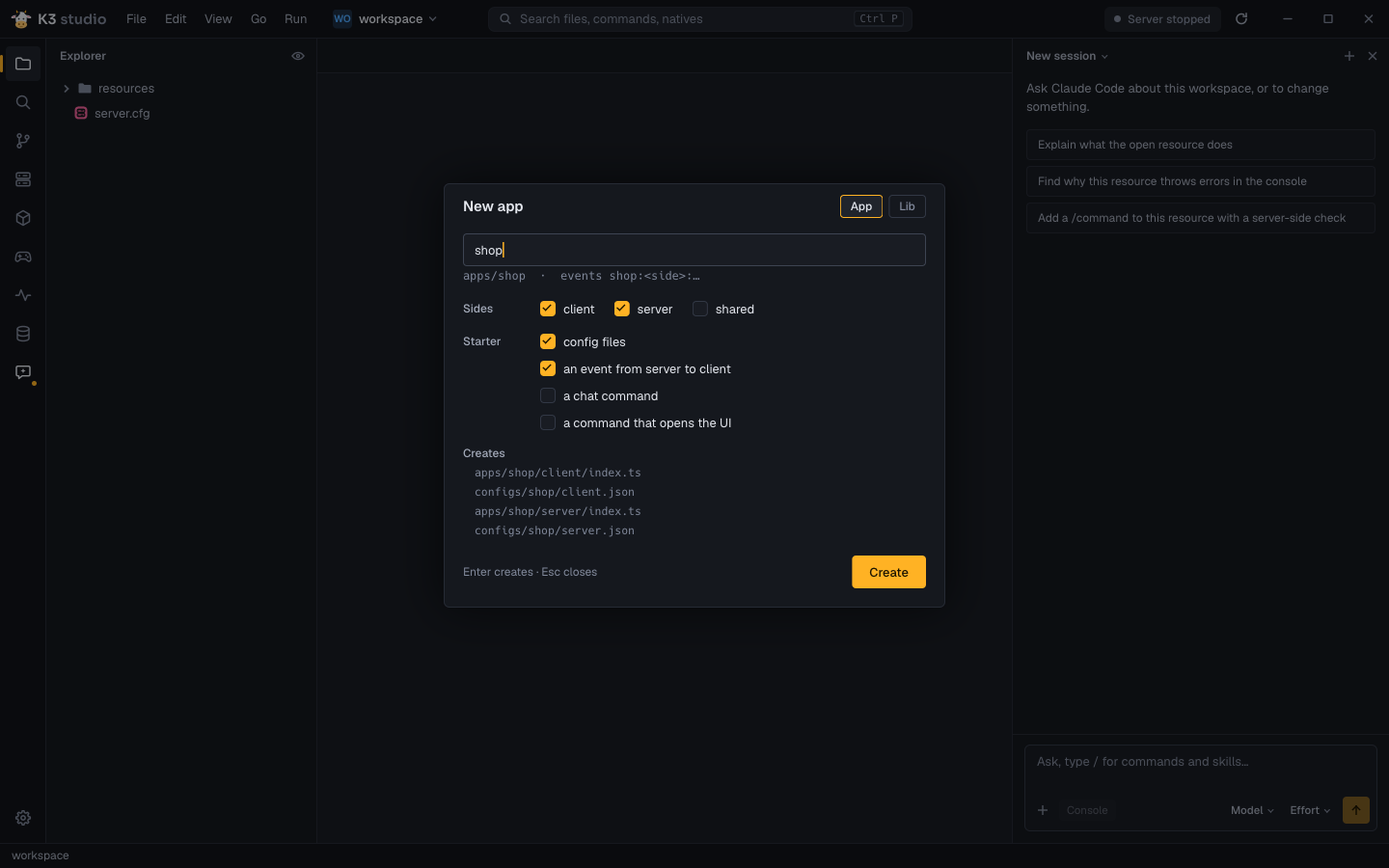 New app dialog