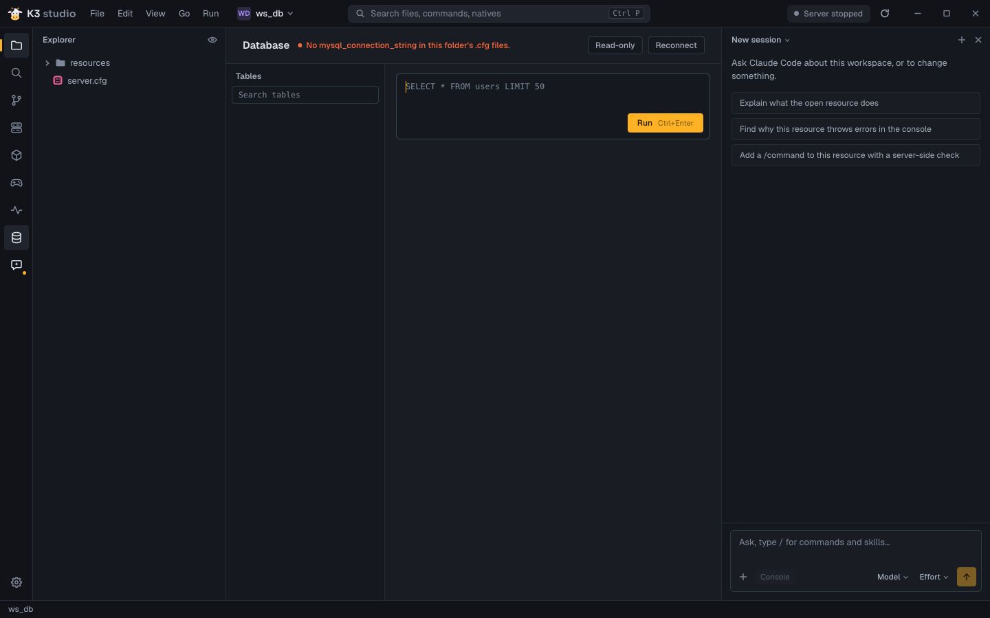 Database page, not connected